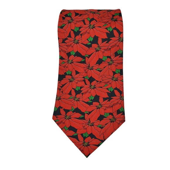 KEITH DANIELS Poinsettia Christmas Holiday Mens Tie Red Green 58.25 x 4" - Picture 3 of 5